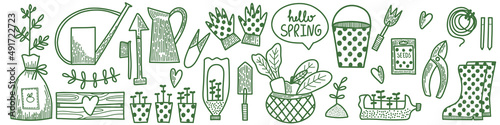 Vector set of elements. Spring summer gardening collection in doodle hand drawn style. Equipment for Growing plants watering can, boots, seeds, gloves, vegetables, sedlings. Nature, garden