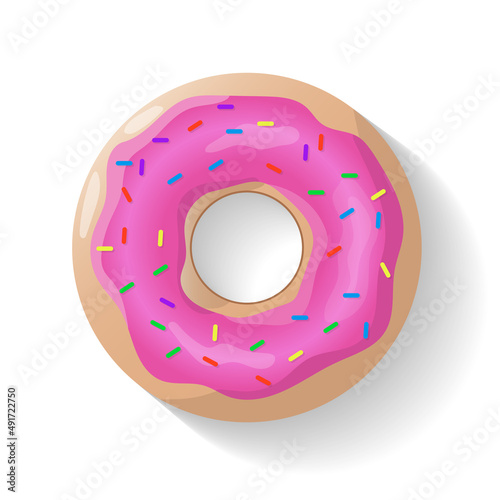 Donut isolated background. Cute pink donut. Colorful and glossy donut with pink glaze and multicolored powder. Realistic vector illustration