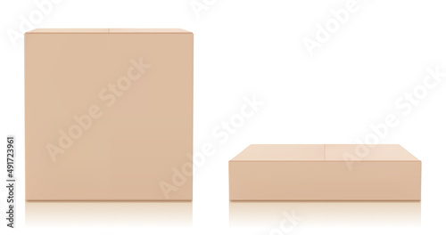 Cardboard box mockup set. Isolated on white background. Vector images of cardboard packaging. © vipman4