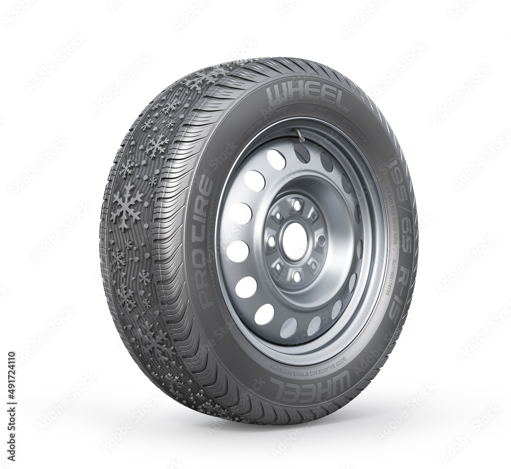 Fototapeta premium Car wheel with a snowflake protector on a white background. 3d illustration