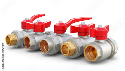 Different plumbing valves isolated on white background, 3d illustration