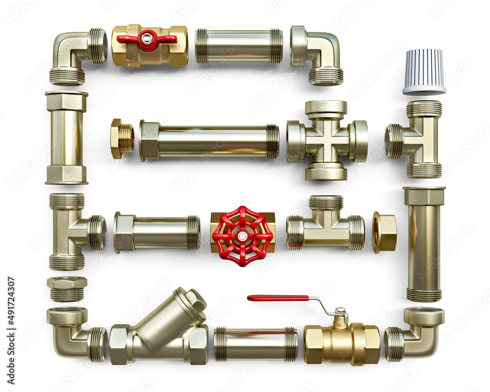 Different plumbing valves and fittings are laid out neatly in sequence, isolated on white background, 3d illustration Different plumbing valves and fittings are laid out neatly in sequence, isolated on white background, 3d illustration