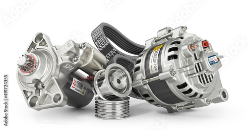 Electrical car devices. Car alternator, starter and belt isolated on white background. 3d illustration photo