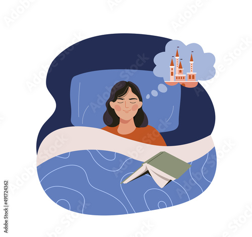 Asleep with book. Love for literature and useful hobby. Woman in bed, comfortable and cozy sleep. Recuperation, room at night. Education, learning and selfdevelopment. Cartoon flat vector illustration