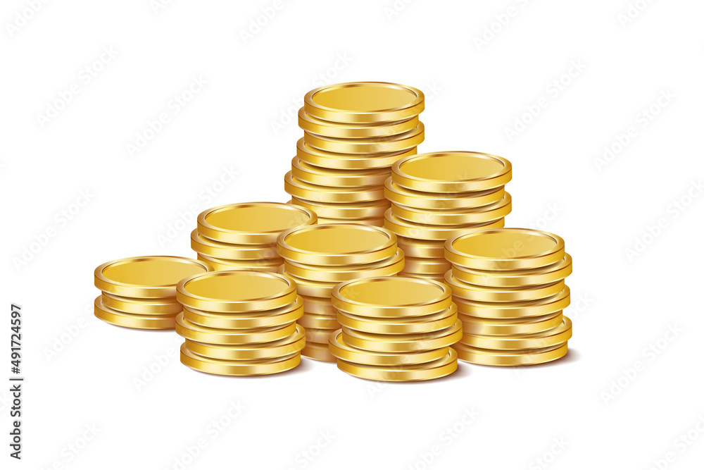 Columns of round glossy golden coins on a white background. Increase your earnings. Vector 3D illustration