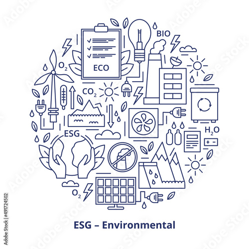 Set of ESG, ECO, BIO icons. ESG environmental criteria, icons placed in the form of a circle. Vector illustration isolated on white background.