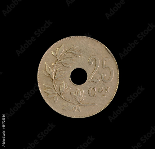 25 Centimes coin made by Belgium, that shows C-shaped olive branch 30 leaves and numeral value photo