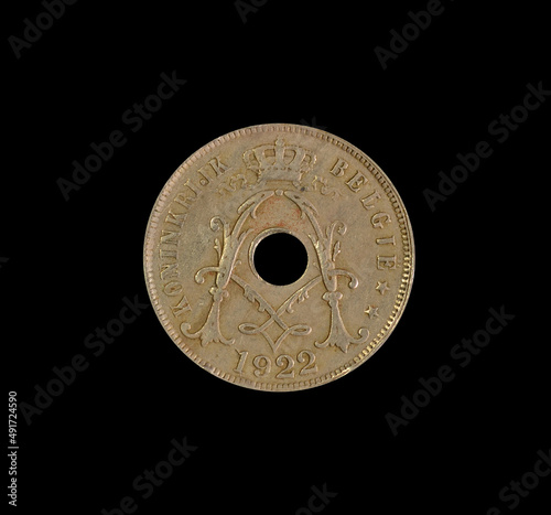 25 Centimes coin made by Belgium, that shows Crowned mirrored 