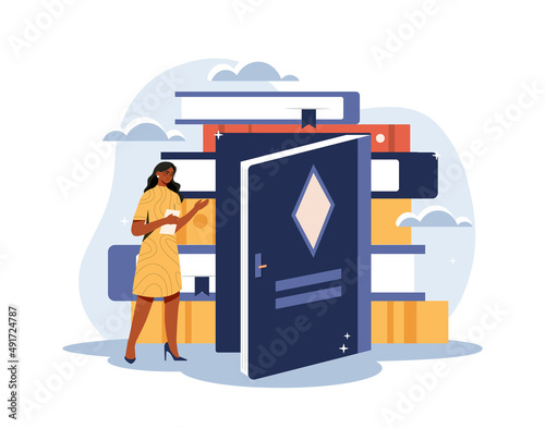 Discovery of new knowledge. Girl in library, useful hobbies and woman with books. Character opens door to unknown. Student, education, learning and self development. Cartoon flat vector illustration