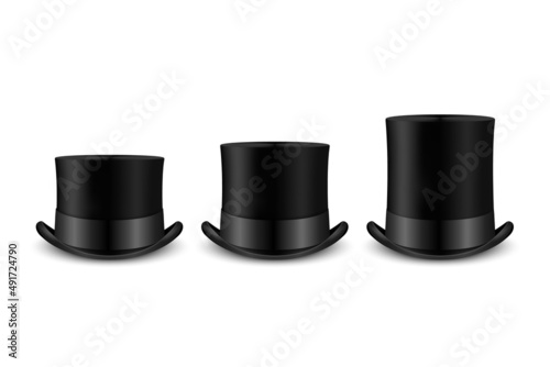 Vector 3d Realistic Retro, Vintage Black Top Hat Icon Set Closeup Isolated on White. Design Template of Top Hat, Mockup. Gentlemans Hat Icon. Top Hats in Front View