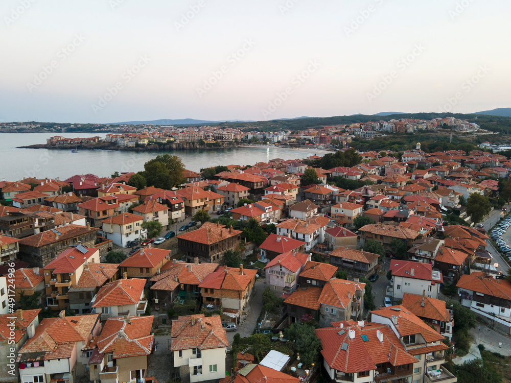 Aerial sunset view of old town and port of Sozopol, Bulgaria