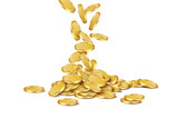 Falling round glossy gold coins on a growing pile. Vector 3D illustration