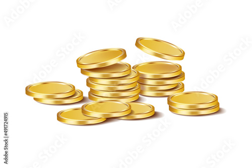 Scattered columns of round glossy golden coins on a white background. Increase your earnings. Vector 3D illustration