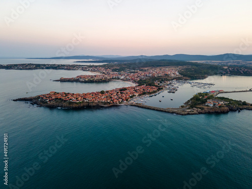 Fototapeta Naklejka Na Ścianę i Meble -  Aerial sunset view of old town and port of Sozopol, Bulgaria
