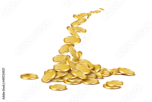 Growing pile of round glossy gold coins isolated on white background. Vector 3D illustration