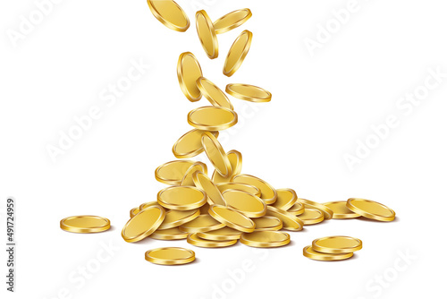 Falling round glossy gold coins on a growing pile. Vector 3D illustration photo