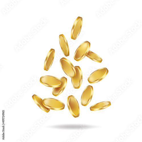 A handful of round glossy gold coins bounce off the bottom. Vector 3D illustration