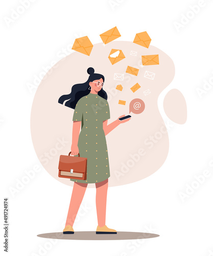 E mail letters. Girl checks mail on phone, social media and modern technologies. Digital world and communication on Internet. Employee arranges mailing, advertising. Cartoon flat vector illustration
