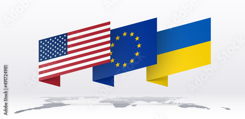 flags of Ukraine and NAO US, EU. Realistic 3d Ukrainian illustration with flags of Ukraine and united states, European Union isolated on a white background. Europe Pray and Support for Ukraine banner