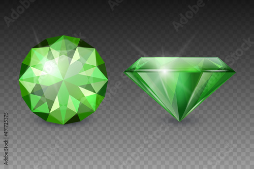Vector 3d Realistic Green Transparent Gemstone, Diamond, Crystal, Rhinestones Icon Set Closeup Isolated. Jewerly Concept. Design Template, Clipart. Top and Side View