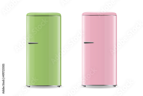 Vector 3d Realistic Retro Vintage Green, Pink Fridge Icon Set Isolated. Vertical Refrigerators. Closed Fridges. Design Template, Mockup of Fridge. Front View