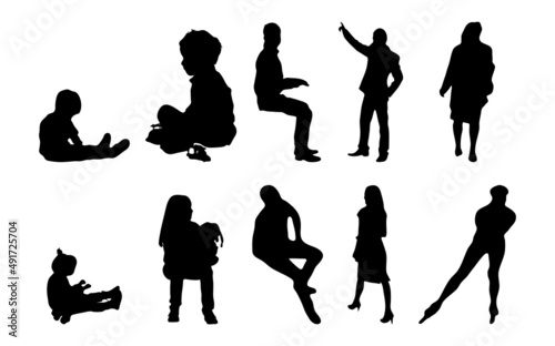 Vector silhouettes, Outline silhouettes of people, Contour drawing, people silhouette, Icon Set Isolated, Silhouette of sitting people, Architectural set	
