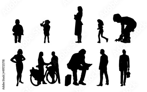Vector silhouettes, Outline silhouettes of people, Contour drawing, people silhouette, Icon Set Isolated, Silhouette of sitting people, Architectural set	
