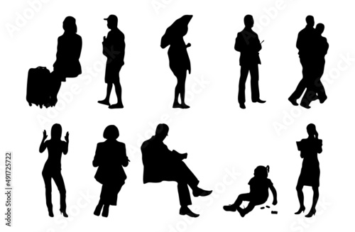 Vector silhouettes, Outline silhouettes of people, Contour drawing, people silhouette, Icon Set Isolated, Silhouette of sitting people, Architectural set	
