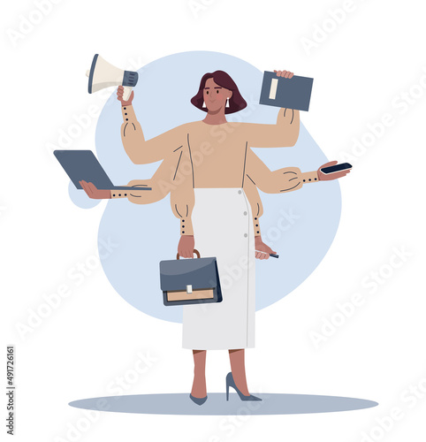 Concept of multitasking. Girl with lot of hands, tired character. Boss, businesswoman or entrepreneur. Active worker, leader, overworked person, strong woman. Cartoon flat vector illustration