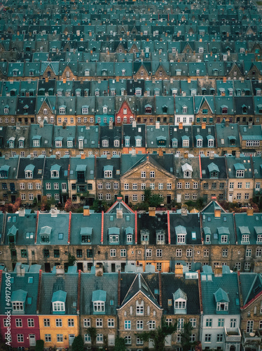 rooftops of Kartoffelraekkerne neighborhood, in Oesterbro, Copenhagen, Denmark. The neighbourhood built in the late 1800s for working class families is today one of the most sought for in Copenhagen