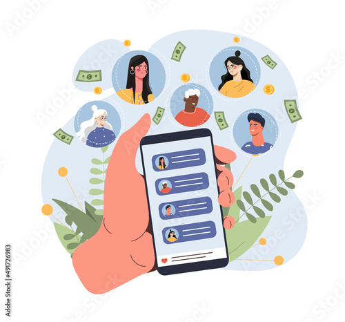 Refer friend concept. Social networks or messengers and contact list, chatting and communication on Internet. Modern technologies, smartphone. Referral marketing. Cartoon flat vector illustration