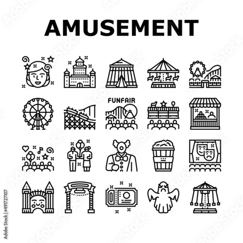 Amusement Park Entertainment Icons Set Vector. Amusement Park Rollercoaster Attraction And Swing Carousel, Circus Clown Spectacle And Festival Black Contour Illustrations