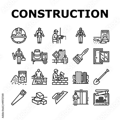 Construction Building And Repair Icons Set Vector. Ladder And Elevator Equipment, Brick And Cement For Build Construction Line. Engineer Project Blueprint And Tool Black Contour Illustrations