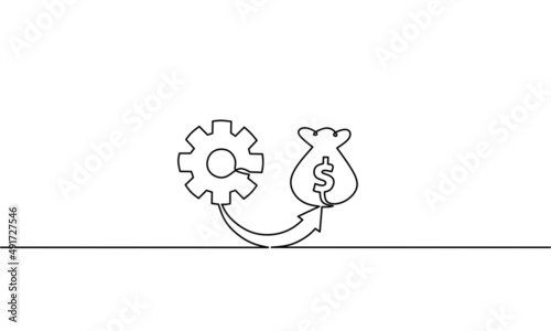 Continuous line drawing of gear with arrow and money bag, business growth, object one line, single line art, vector illustration