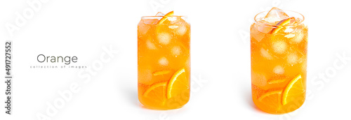 Orange drink with orange slices and ice in a glass isolated on a white background.