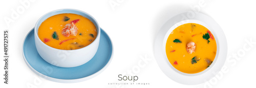 Soup with shrimps isolated on a white background. Thai soup with seafood. Thai tom yum soup
