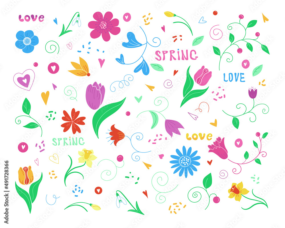 A set of graphic vector elements on the theme of spring and love isolated on a white background. Decorative elements can be used in postcards, business cards, wedding invitations,  wrapping paper