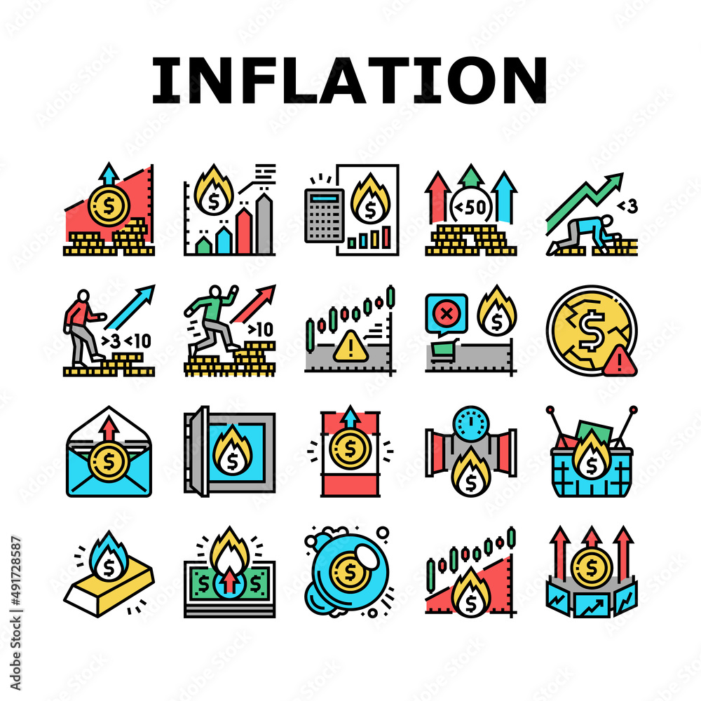 Inflation Financial World Problem Icons Set Vector. Core And Rate