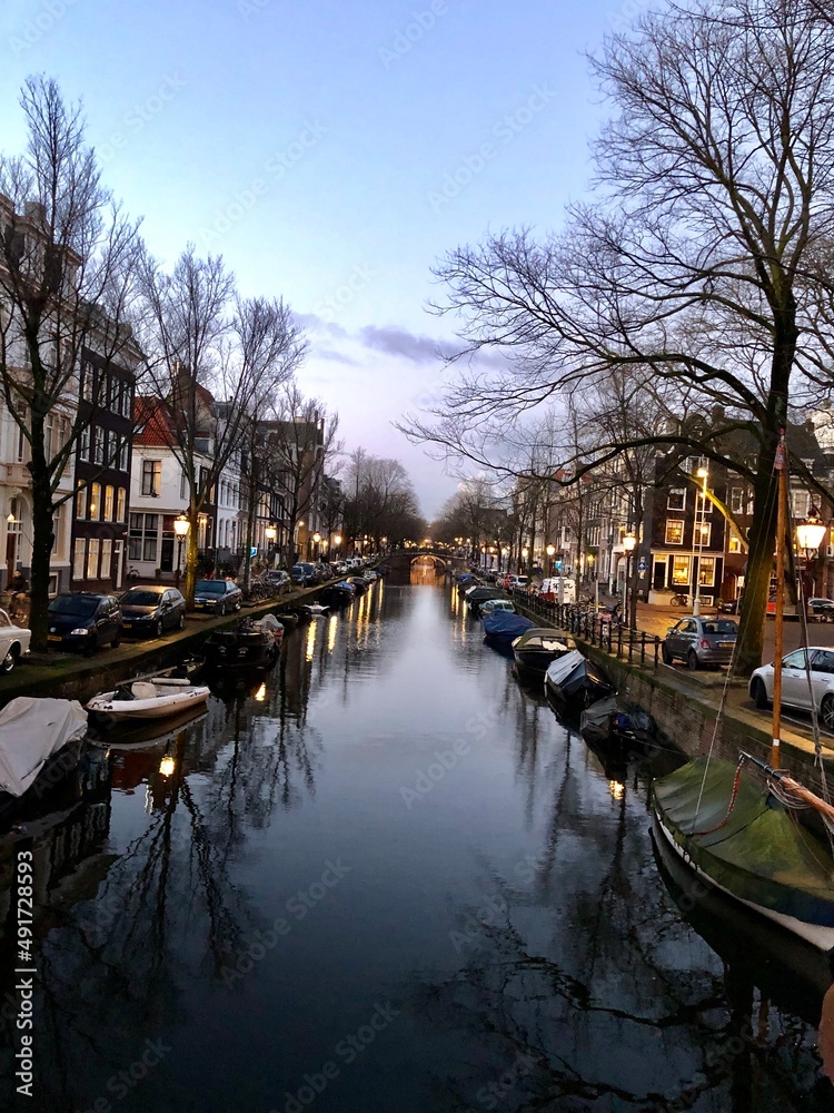 Canal at Night in Netherlands, Holland, Amsterdam