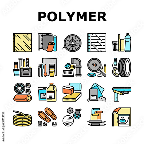 Polymer Material Industry Goods Icons Set Vector. Conveyor Belt And Garden Hose, Wheel And Bottle, Polyester Resin Bag And Container Polymer Industrial Production Color Illustrations