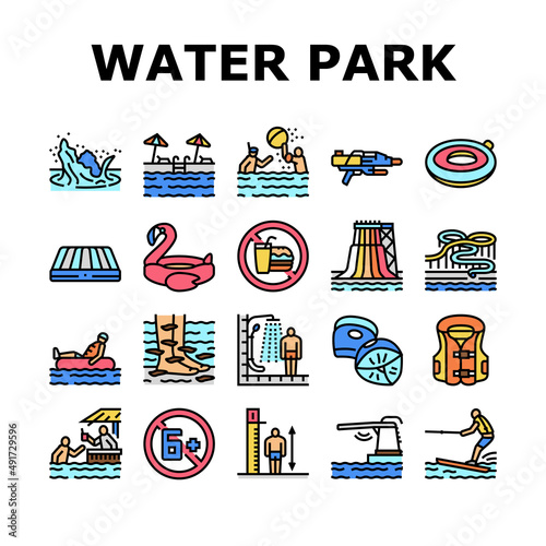 Water Park Attraction And Pool Icons Set Vector. Water Park Restaurant And Bar, Inflatable Swim Vest And Lifebuoy, Trampoline And Mattress. Swimming And Enjoying Time Color Illustrations