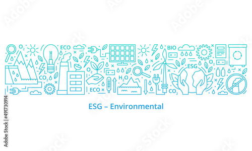Set of ESG, ECO, BIO icons. ESG environmental criteria, the icons are at the top of the banner, the header is at the bottom. Gradient. Banner. Template. Vector illustration.