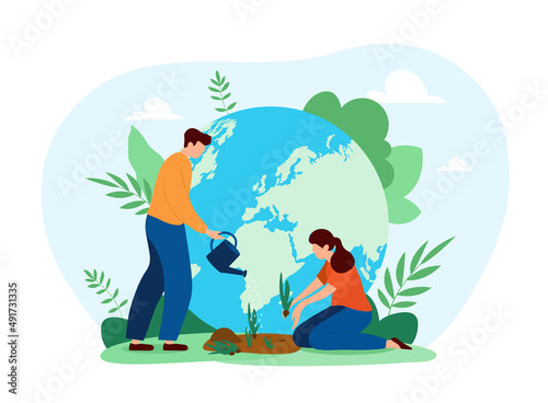 People care about planet. Environmental activists and volunteers, man and girl planting tree. Characters with seedlings, poster or banner, international holidays. Cartoon flat vector illustration