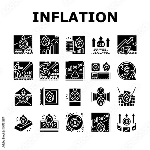 Inflation Financial World Problem Icons Set Vector. Core And Rate Inflation, Stagflation Online Market And Finance Hyperinflation, Deflation Money And Food Asset Glyph Pictograms Black Illustrations