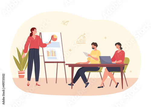 Business conference concept. Public speaking, girl makes presentation, character with pointer near information board. Brainstorming, analytics and employee training. Cartoon flat vector illustration