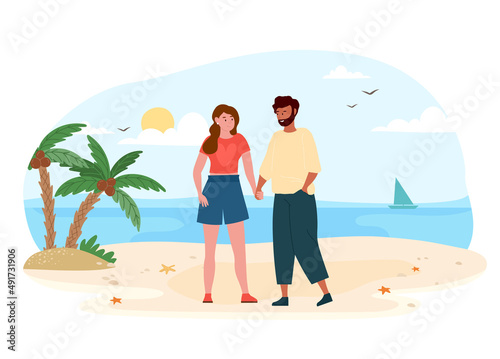 People on date. Man and girl on beach. Vacation travel, adventure, summer vacation. Tourists in exotic country. island with palm trees, boat in sea or ocean. Cartoon flat vector illustration