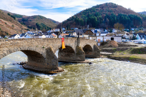 Flood damage in Ahrtal and Eifel. Reconstruction after cleanup. Nepomukbrücke in Rech, Germany