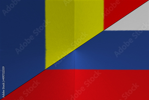 Moldova flag. Russia flag. Conflict between Russia and the Republic of Moldova war concept. Russian flag and Republic of Moldova flag background. Horizontal design. Abstract design. Illustration. 3D.
