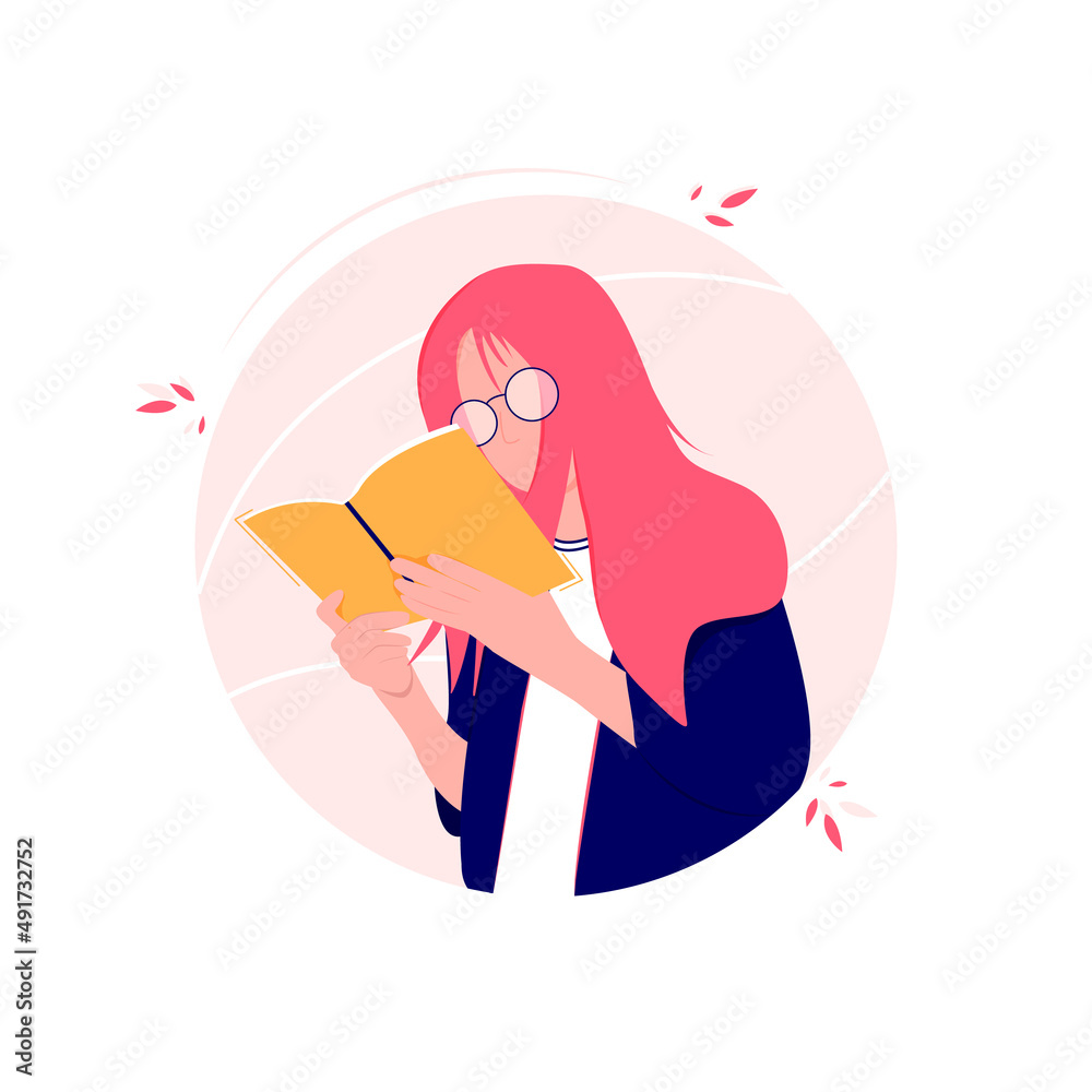 Girl reading a book cartoon vector illustration on white background. Girl reading a book cartoon vector illustration on white background.