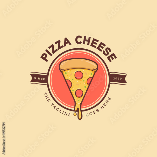 Melting slice of cheese pizza logo icon circle badge template